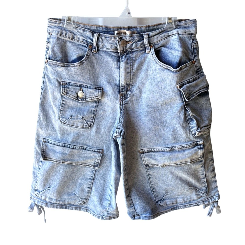 Y2K Madden Girl Denim Cargo Shorts Womens 12 Light Blue Acid Wash Utility Grunge